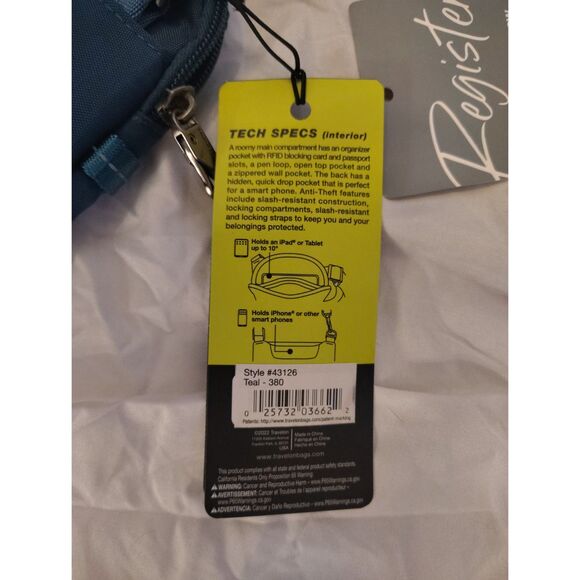 NWT Travelon Anti-Theft Active Small Crossbody Teal 5-Point Anti-Theft Vacation - Picture 6 of 9